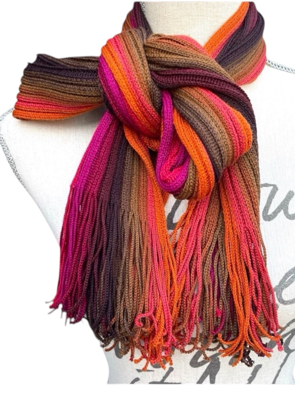 Brown/Orange/Magenta Ribbed Stripe Wool Blend Fringe Scarf